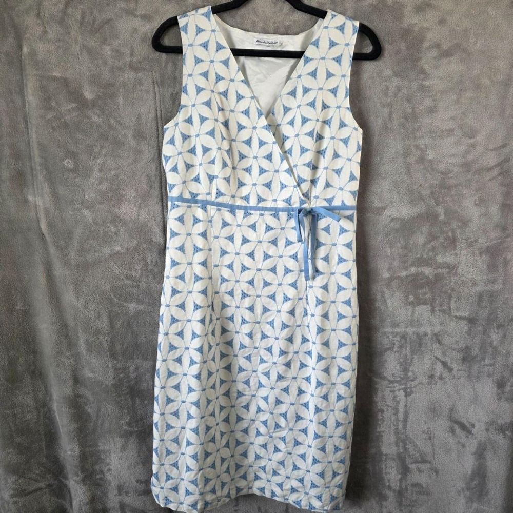 Alexandra Bartlett Blue & White Geometric Sleeveless Midi Wrap Dress